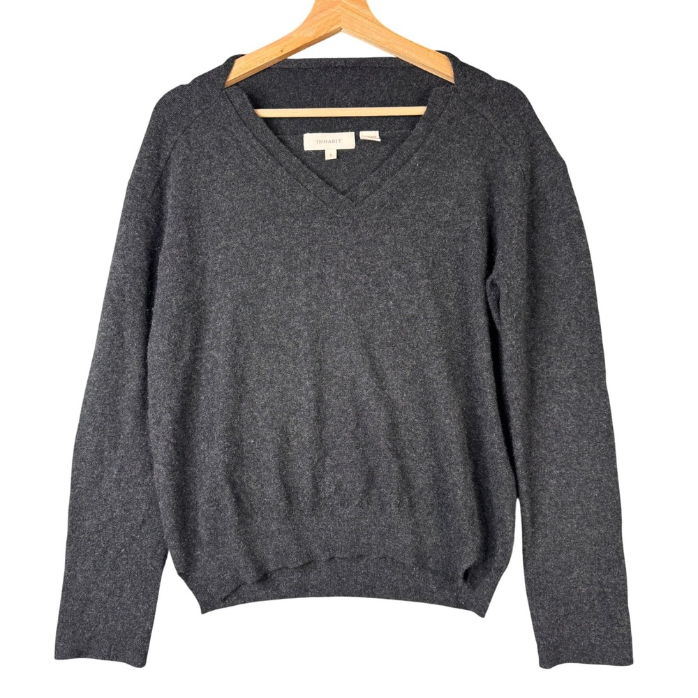 Inhabit Cashmere Blend V-Neck Sweater Charcoal Gray Knit Pullover Small